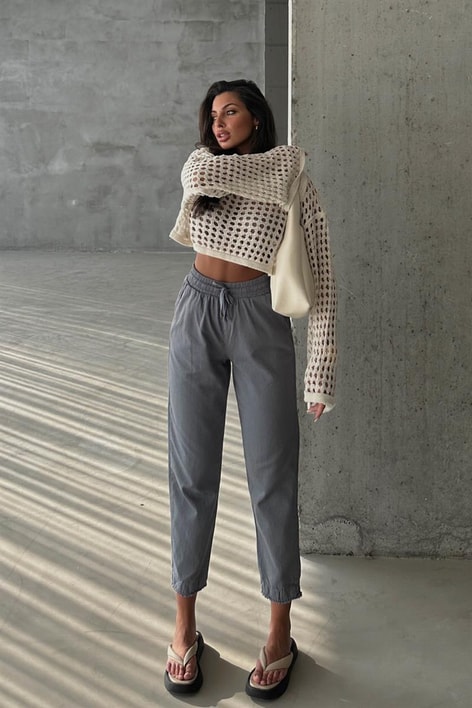 Kesik Paça Keten Jogger Pantolon Antrasit