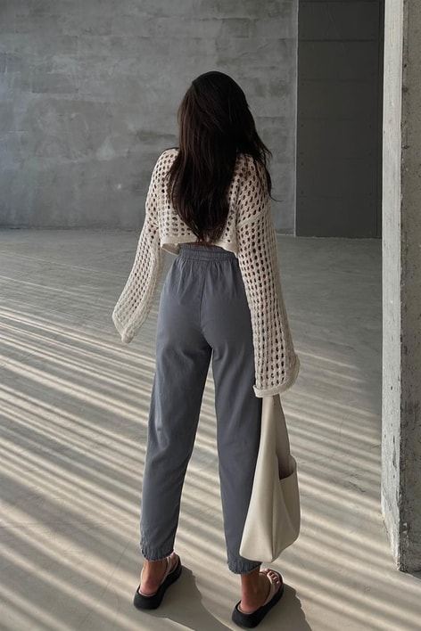 Kesik Paça Keten Jogger Pantolon Antrasit