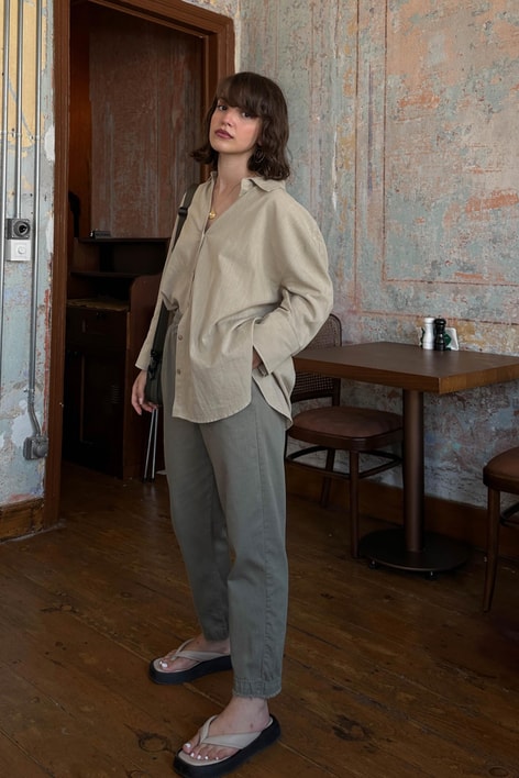 Kesik Paça Keten Jogger Pantolon Haki