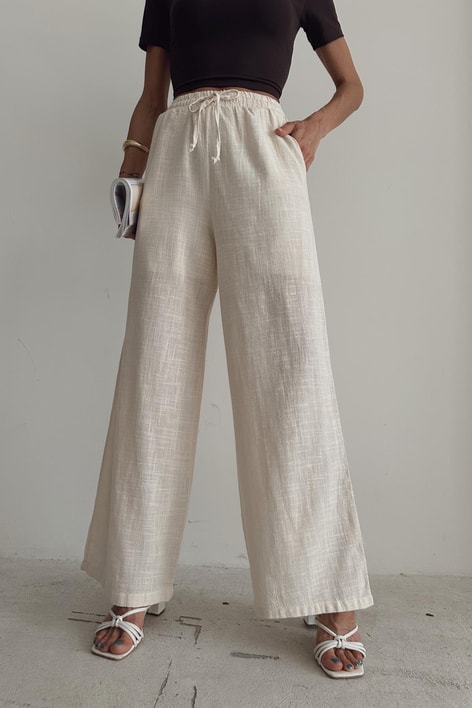 Keten Bağcıklı Pantolon Bej