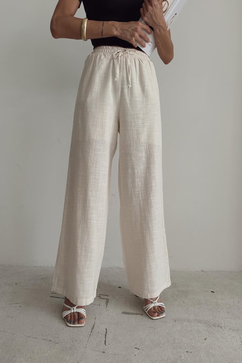 Keten Bağcıklı Pantolon Bej