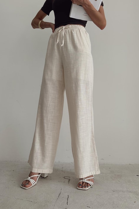 Keten Bağcıklı Pantolon Bej