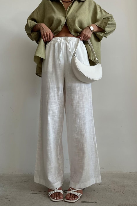 Keten Bağcıklı Pantolon Beyaz