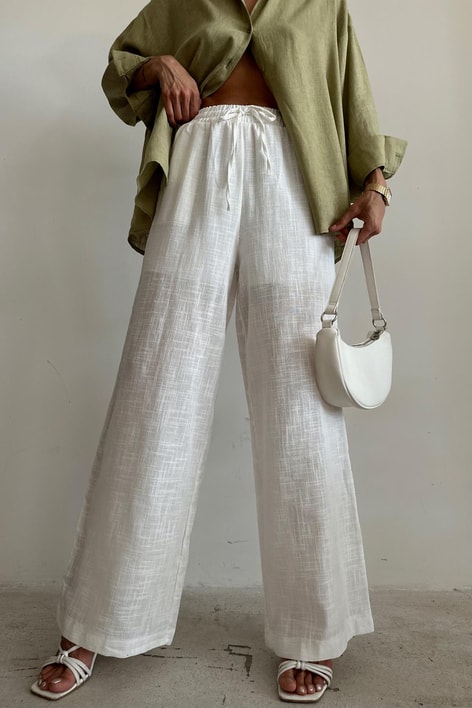 Keten Bağcıklı Pantolon Beyaz