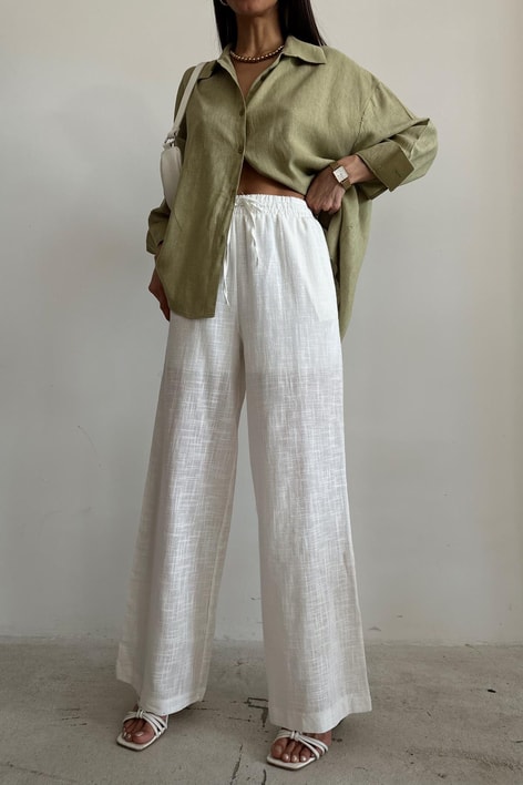 Keten Bağcıklı Pantolon Beyaz