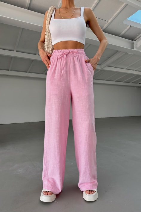 Keten Bağcıklı Pantolon Pembe