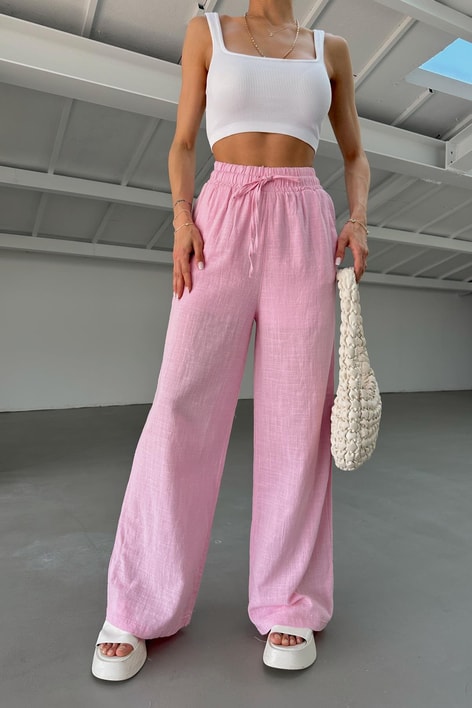 Keten Bağcıklı Pantolon Pembe