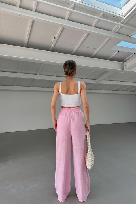 Keten Bağcıklı Pantolon Pembe