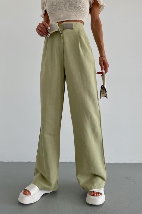 Keten ÇıtÇıt Palazzo Pantolon Yağ Yeşili