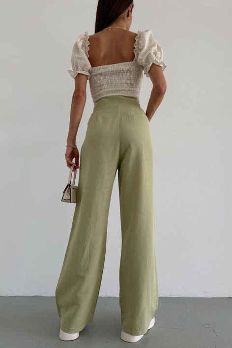 Keten ÇıtÇıt Palazzo Pantolon Yağ Yeşili