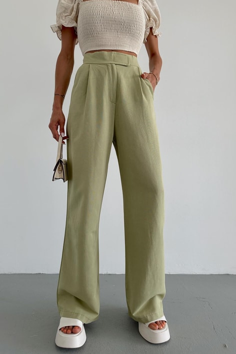 Keten ÇıtÇıt Palazzo Pantolon Yağ Yeşili