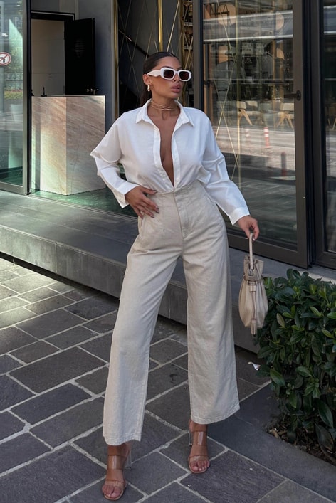 Keten Pileli Straight Pantolon Krem