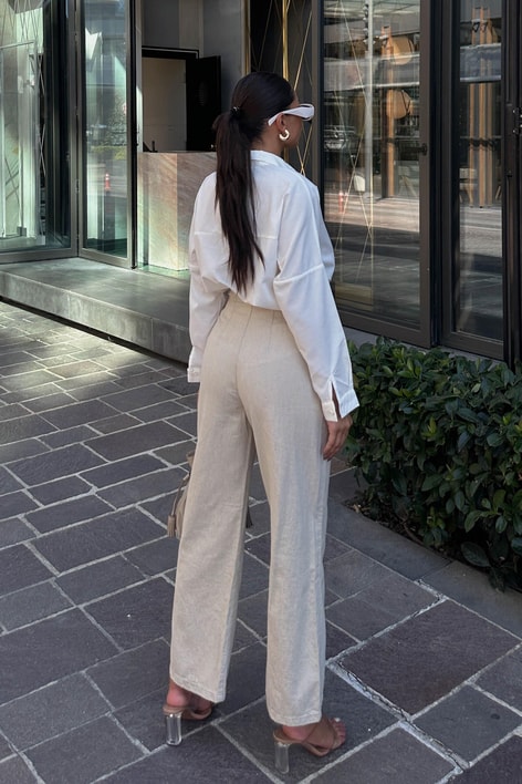 Keten Pileli Straight Pantolon Krem