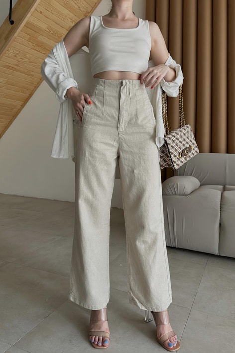 Keten Pileli Straight Pantolon Krem
