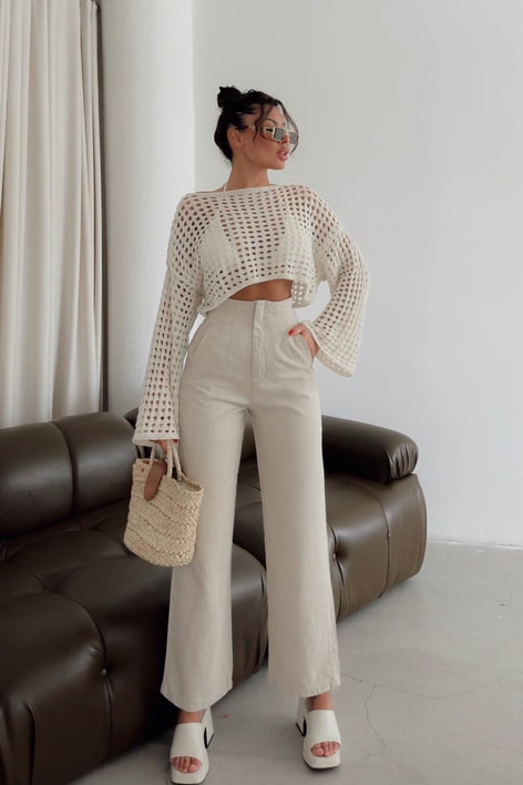 Keten Pileli Straight Pantolon Krem