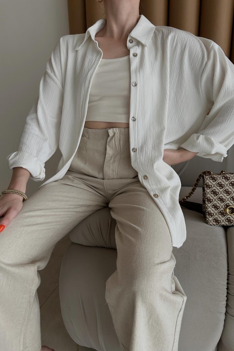 Keten Pileli Straight Pantolon Krem