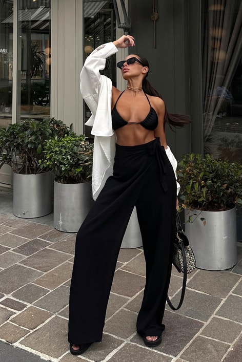 Kruvaze Kapamalı Ham Keten Pantolon Siyah