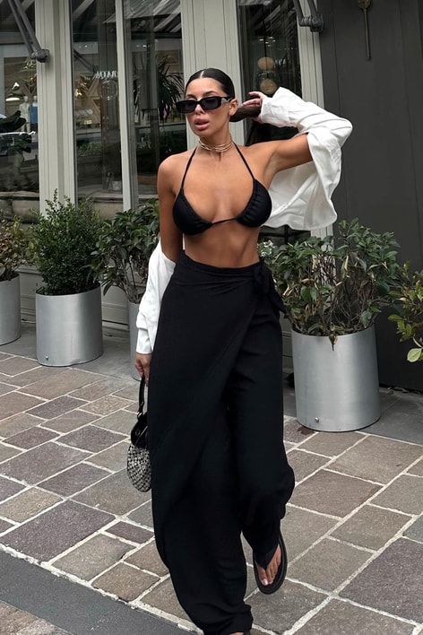 Kruvaze Kapamalı Ham Keten Pantolon Siyah