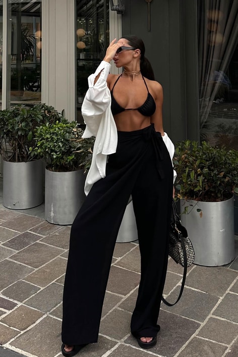 Kruvaze Kapamalı Ham Keten Pantolon Siyah