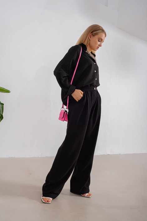 Maxii Paça Ham Keten Pantolon Siyah