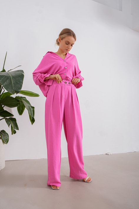 Maxii Paça Ham Keten Pantolon Pembe