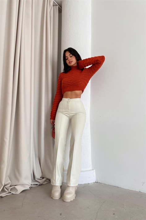 Ön Dikiş Detay Deri Palazzo Krem