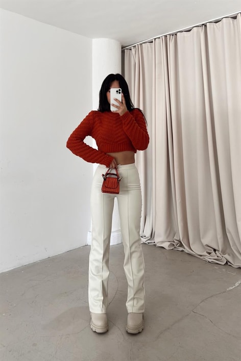 Ön Dikiş Detay Deri Palazzo Krem