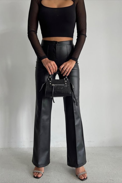 Ön Dikiş Detay Deri Palazzo Siyah
