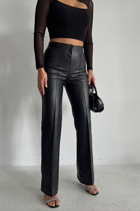 Ön Dikiş Detay Deri Palazzo Siyah