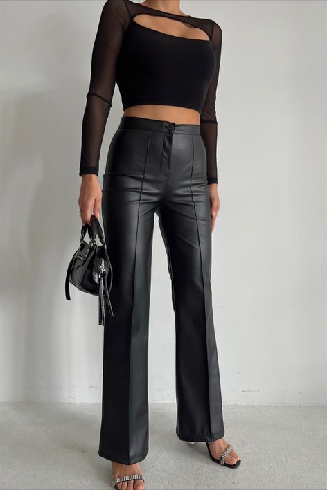 Ön Dikiş Detay Deri Palazzo Siyah