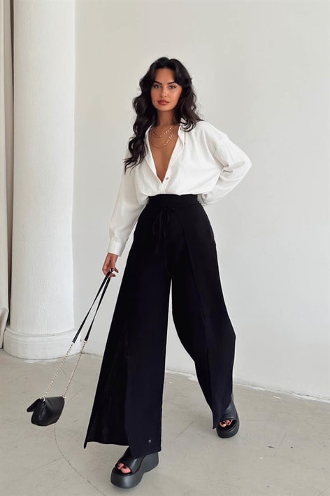 Önü Bağlamalı Keten Pantolon Siyah