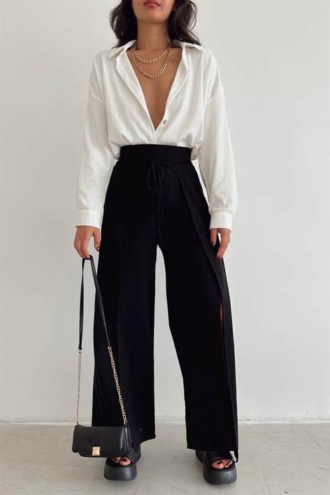 Önü Bağlamalı Keten Pantolon Siyah