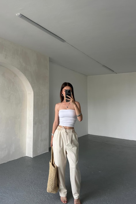 Örme Lastik Detay Bağcıklı Pantolon Taş