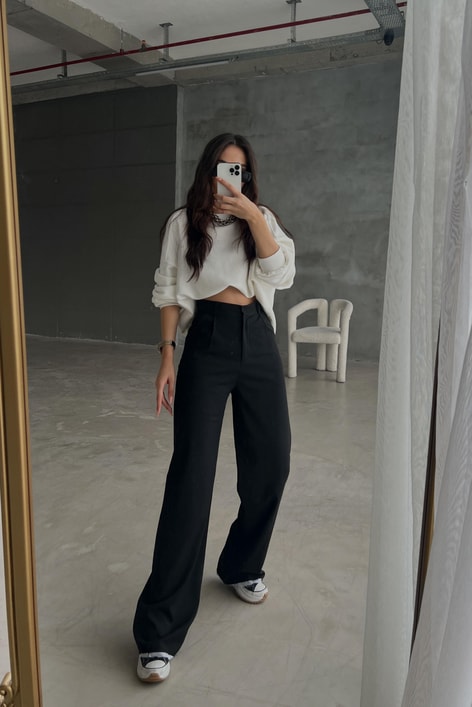 Paça Detay Pensli Palazzo Pantolon Siyah