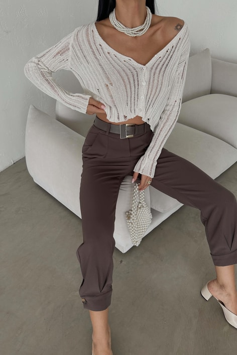 Paça Düğmeli Kemerli Pantolon Kahve