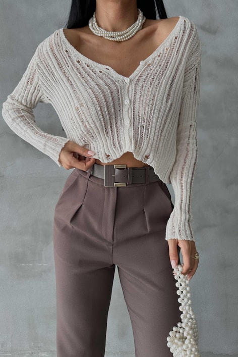 Paça Düğmeli Kemerli Pantolon Kahve