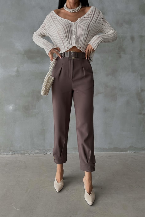 Paça Düğmeli Kemerli Pantolon Kahve