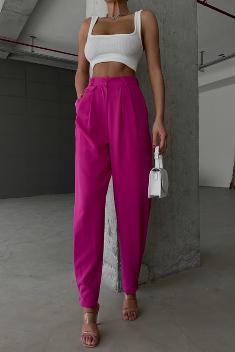 Paça Düğmeli Pileli Havuç Pantolon Fuşya