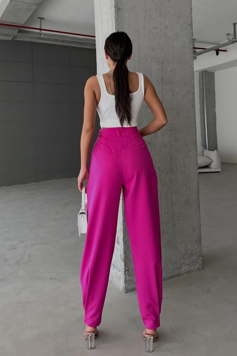 Paça Düğmeli Pileli Havuç Pantolon Fuşya