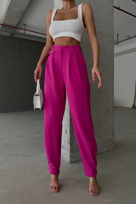 Paça Düğmeli Pileli Havuç Pantolon Fuşya