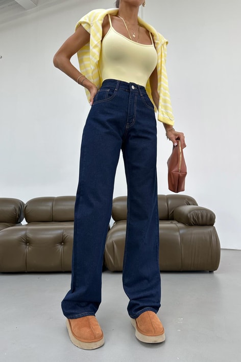 Paça Katlamalı Mom Jean Lacivert