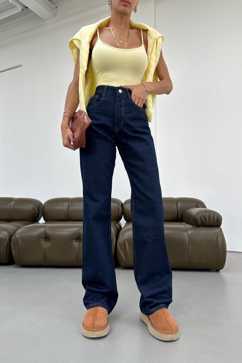 Paça Katlamalı Mom Jean Lacivert