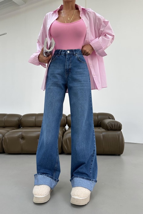 Paça Katlamalı Mom Jean Mavi