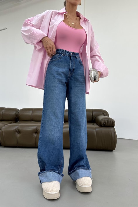 Paça Katlamalı Mom Jean Mavi