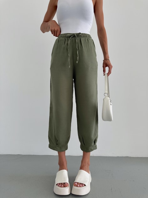 Paça Pile Müslin Pantolon Haki