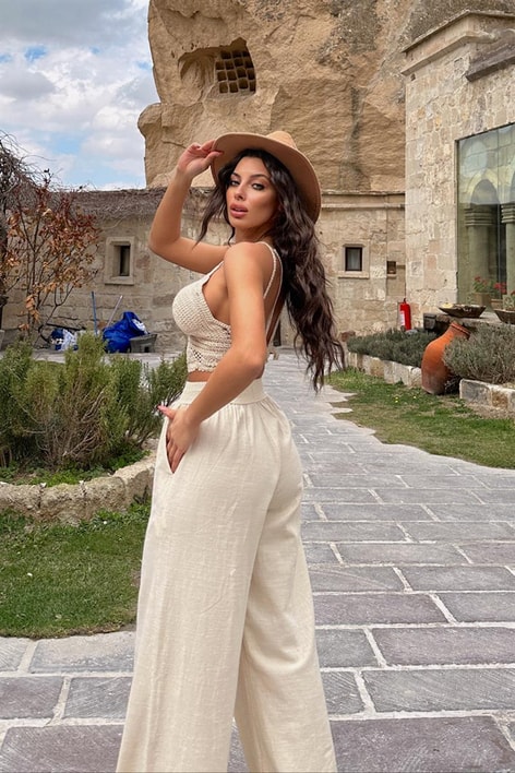 Palazzo Ham Keten Pantolon Bej