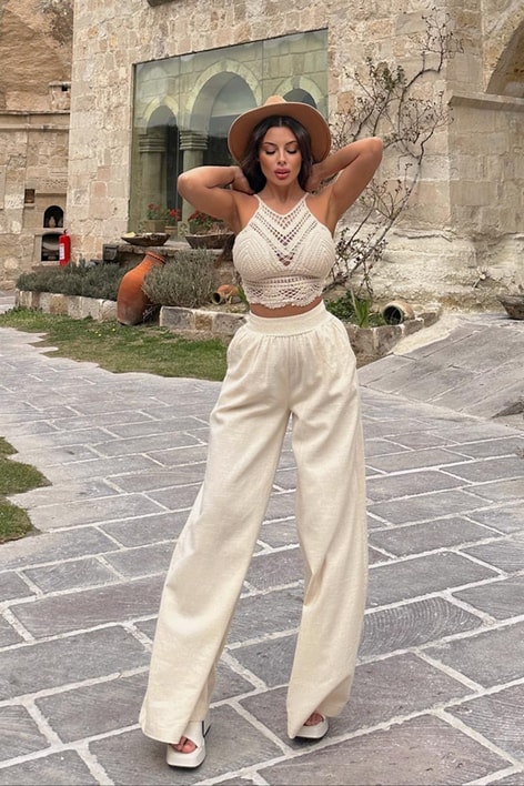 Palazzo Ham Keten Pantolon Bej