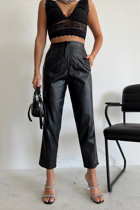 Pensli Yüksek Bel Deri Pantolon Siyah