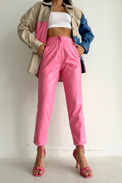 Pensli Yüksek Bel Deri Pantolon Pembe