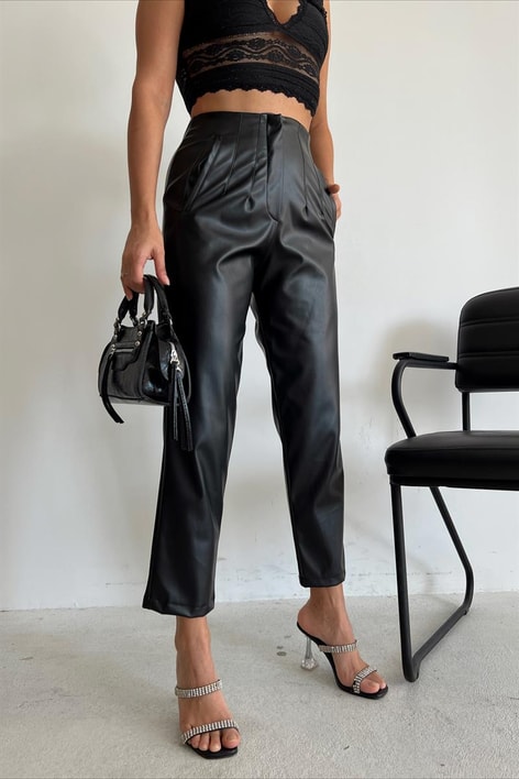 Pensli Yüksek Bel Deri Pantolon Siyah